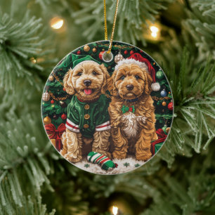 Christmas Goldendoodle Puppy Dogs Ceramic Ornament
