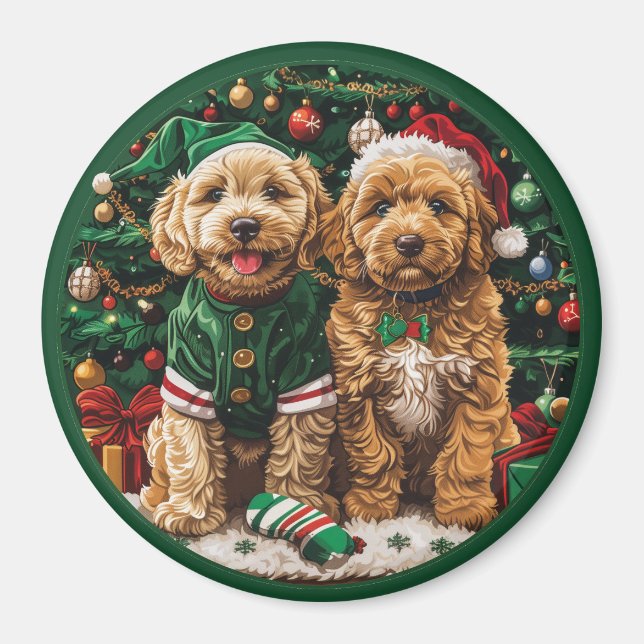 Christmas Goldendoodle Puppy Dogs Magnet (Front)
