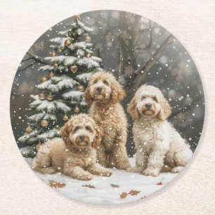 Christmas Goldendoodle Puppy Dogs Round Paper Coaster