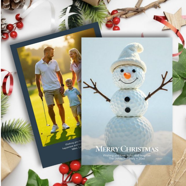 Christmas Golf Ball Snowman • Family Photo Navy Holiday Card (Creator Uploaded)