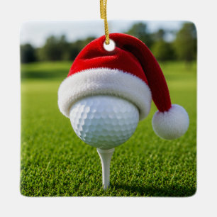 Christmas Golf Ball with Santa Hat on Tee on Green Ceramic Ornament
