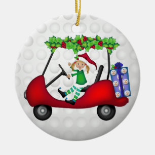 Christmas Golf Cart with Elf 1 Ceramic Ornament