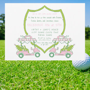Christmas Golf Party Pink Golf Carts Green Crest Invitation