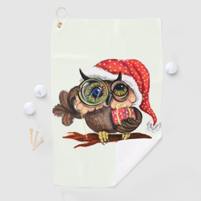 Christmas Golf Towel Baby Owl In Hat and Gift (InSitu)