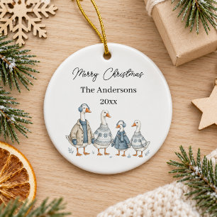 Christmas Goose Family Blue Watercolor Ceramic Ornament