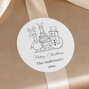 Christmas Goose Family Doodle black white modern Classic Round Sticker