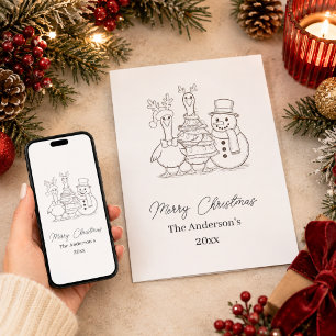 Christmas Goose Family Doodle black white modern Holiday Card
