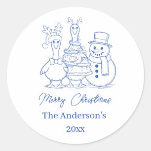 Christmas Goose Family Doodle blue modern Classic Round Sticker