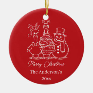 Christmas Goose Family Doodle red modern Ceramic Ornament