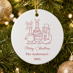 Christmas Goose Family Doodle red modern Ceramic Ornament