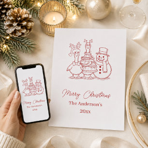 Christmas Goose Family Doodle red modern Holiday Card