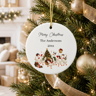 Christmas Goose Family Party Watercolor Ceramic Ornament