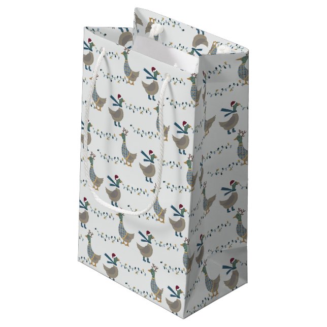 Christmas Goose On White Small Gift Bag (Back Angled)