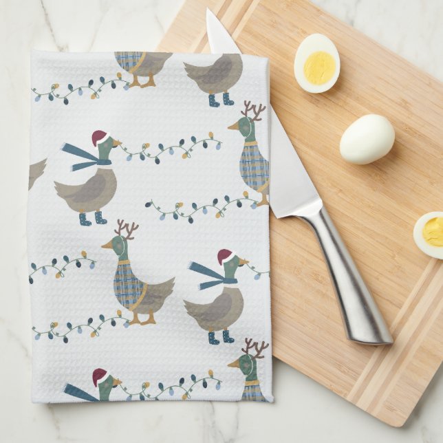 Christmas Goose On White Tea Towel (Quarter Fold)