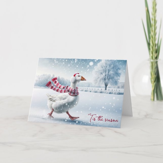 Christmas Goose Walking in Snowflakes Card (Front)