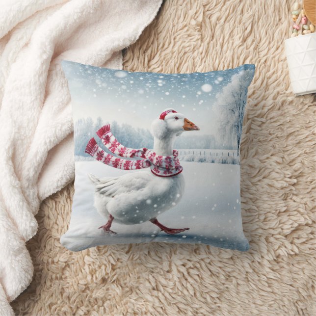 Christmas Goose Walking in Snowflakes Cushion (Blanket)