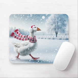 Christmas Goose Walking in Snowflakes Mouse Pad