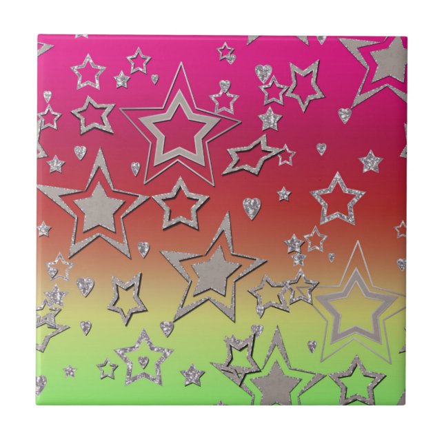 Christmas gradient glitter shine confetti stars fu ceramic tile (Front)