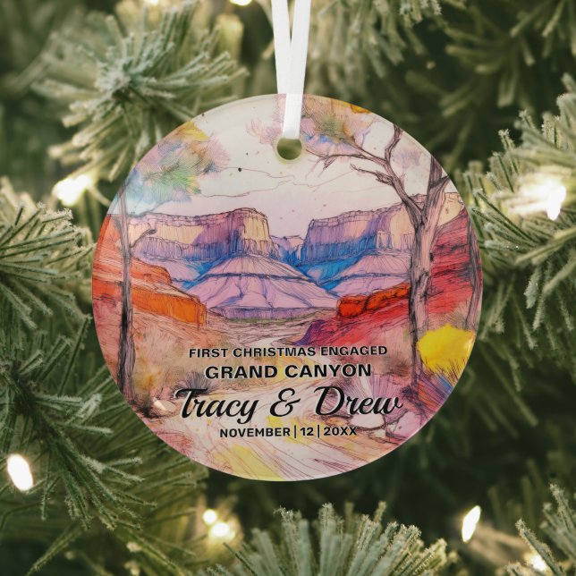 Christmas Grand Canyon Adventure Couple Engaged Glass Tree Decoration (Insitu)