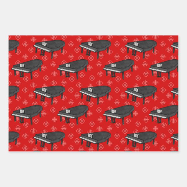 Christmas Grand Piano Pianist Musician Pattern Wrapping Paper Sheet (Front)
