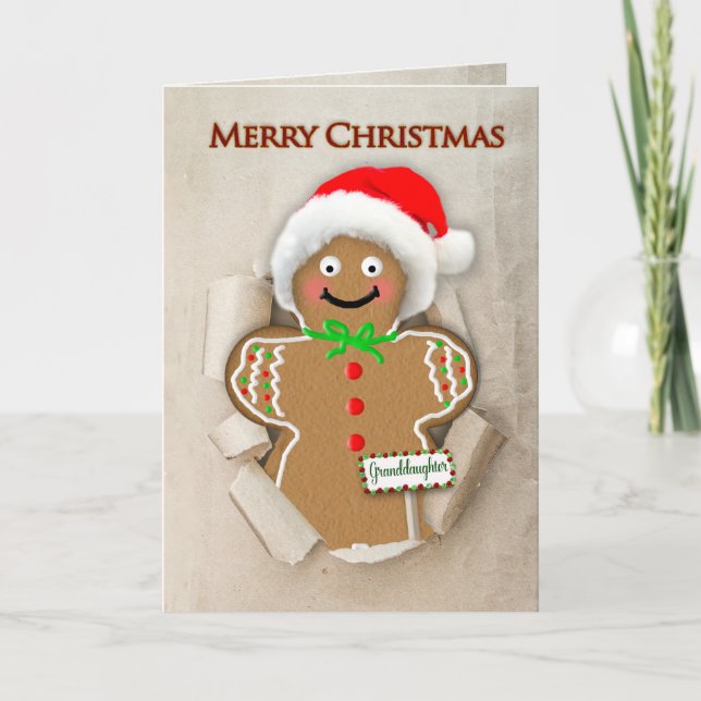 Christmas, Granddaughter Gingerbread Man Santa Hat Card (Front)