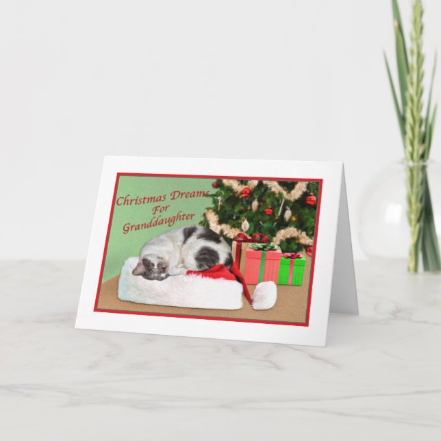 Christmas, Granddaughter, Sleeping Cat, Santa Hat Holiday Card (Front)