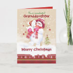 Christmas, Granddaughter. Snow Child hugs Snow Pup Holiday Card<br><div class="desc">A sweet Christmas card for a young Granddaughter. It features an adorable little snow child hugging her cute snow puppy. She is wearing matching hat scarf and gloves in pink and red, and her puppy is wearing a Santa hat. Snow is falling around them and a decorative Christmas border trims...</div>