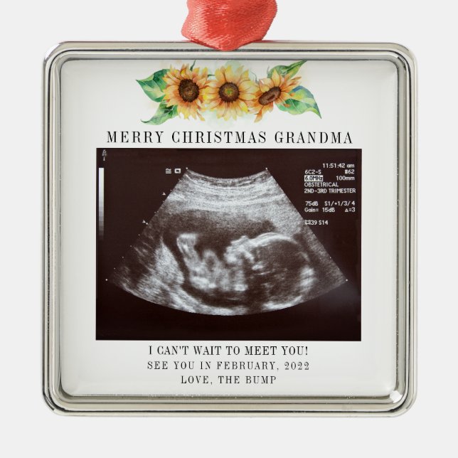 Christmas Grandma Baby Photo Sunflower Metal Ornament (Front)