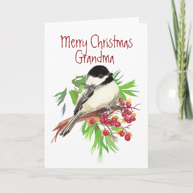 Christmas, Grandma-Chickadee Bird, Nature,Garden Holiday Card (Front)