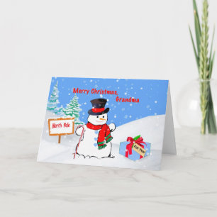 Christmas, Grandma, Snowman, Gift, Snow Holiday Card