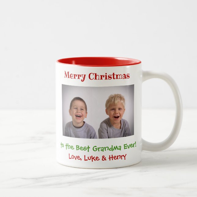 Christmas Grandmother Grandchildren Custom Photo Two-Tone Coffee Mug (Right)