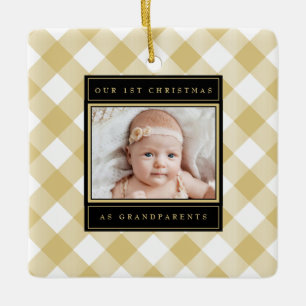 Christmas Grandparents White Gold Plaid Photo Ceramic Ornament