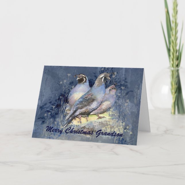 Christmas Grandson California Quail Bird Holiday Card (Front)