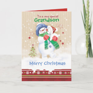 Christmas, Grandson. Cute Snowman and Puppy Holiday Card