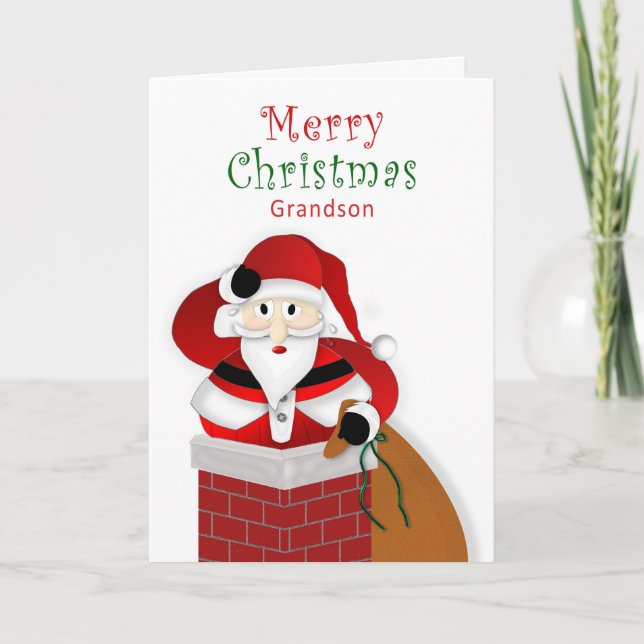 Christmas, Grandson, Fat Santa down Chimney Card (Front)