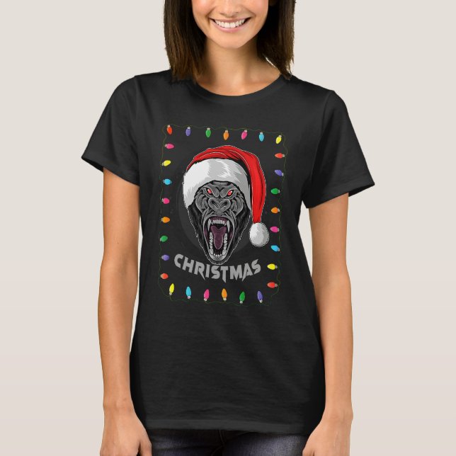 Christmas Graphic Lights Holiday Gorilla Santa T-Shirt (Front)