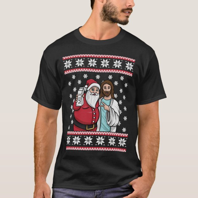 Christmas Graphic Santa and Jesus Jingle Bros Milk T-Shirt (Front)