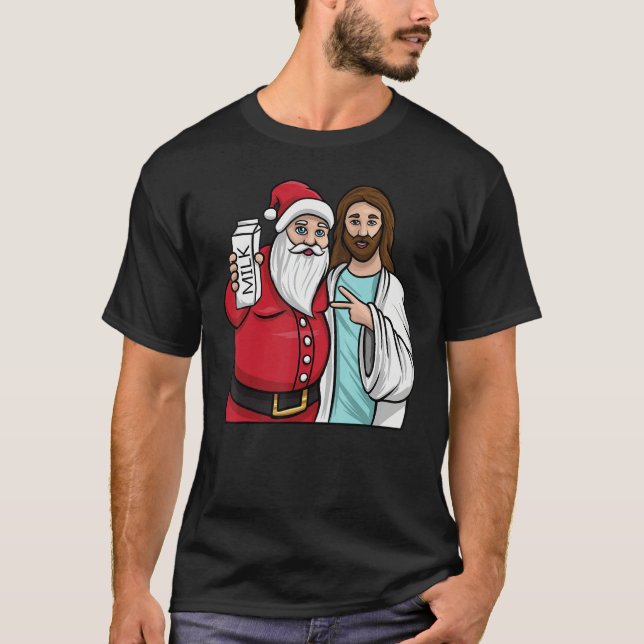 Christmas Graphic Santa and Jesus Jingle Bros Milk T-Shirt (Front)