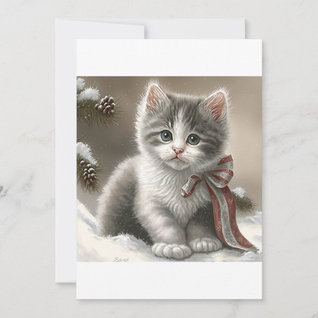 Christmas Gray Kitten , Santa Cat T-Shirt Holiday Card (Front)
