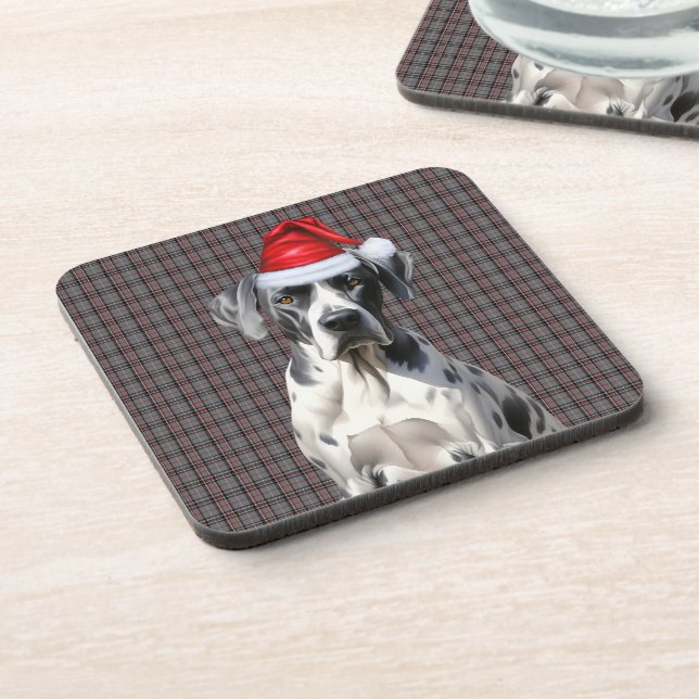 Christmas Great Dane Dog Red Plaid Holiday Coaster (Left Side)