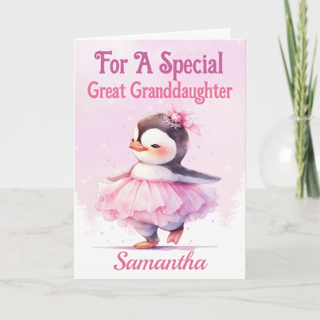 Christmas Great Granddaughter Penguin Ballerina Holiday Card (Front)