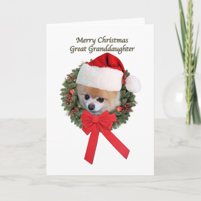 Christmas, Great Granddaughter, Pomeranian Holiday Card (Front)
