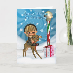 Christmas Great Grandma Elf Reindeer, Rudolf, Nort Holiday Card