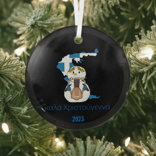Christmas Greece Flag snowman Glass Tree Decoration (Insitu)