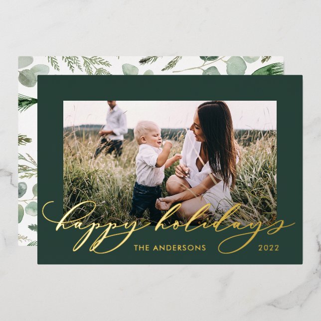 Christmas green 1 photo botanical script foil holiday card (Front/Back)