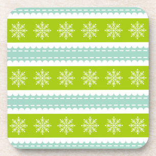 Christmas Green and Blue Stripes With Snowflakes Coaster