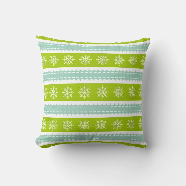 Christmas Green and Blue Stripes With Snowflakes Cushion (Front)