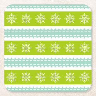 Christmas Green and Blue Stripes With Snowflakes Square Paper Coaster