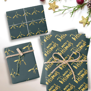 Christmas Green and Gold Mistletoe Kissmas Holiday Wrapping Paper Sheet