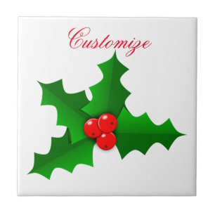 Christmas Green and red holly Thunder_Cove Ceramic Tile